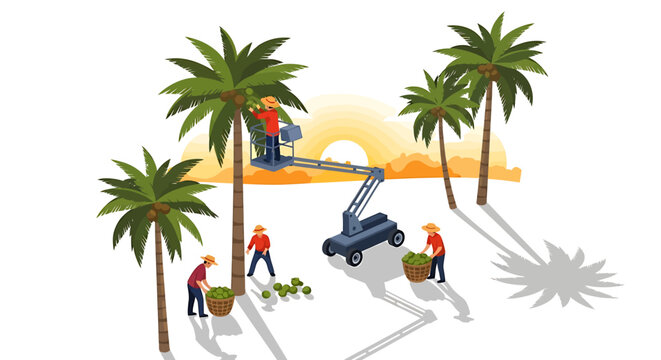 Isometric vector illustration of workers harvesting dates from palm trees using a cherry picker lift.