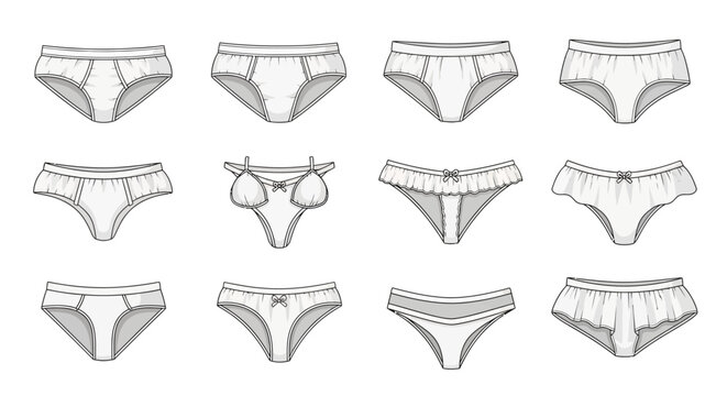 Collection of hand drawn womens underwear sketches showing different styles of panties and briefs.