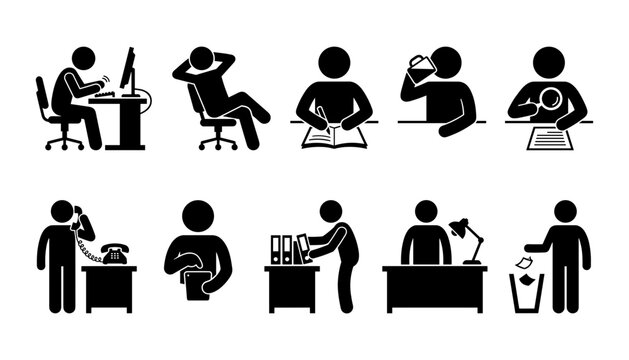 Office worker stick figures in various poses during work day in simple silhouette style