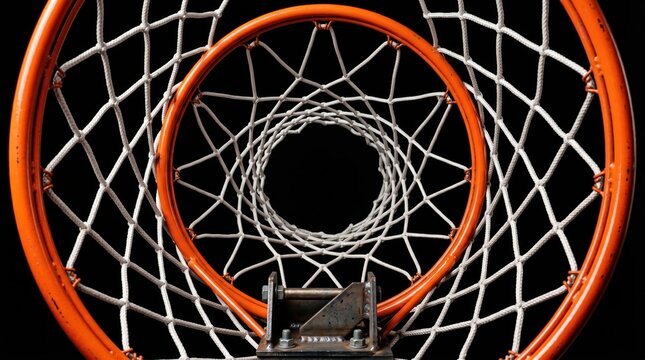 Dynamic view up through a vibrant orange basketball hoop, white net against black, symbolizing ultimate scoring success, championship victory, and athletic achievement in competitive sports.