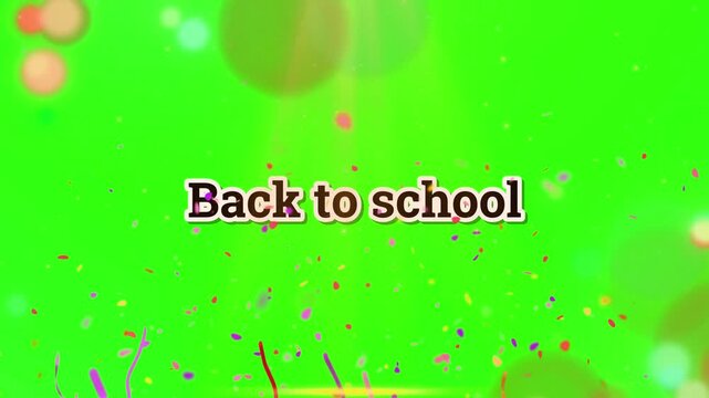 Back to school text appears prominently over a bright green background filled with colorful floating confetti and soft glowing bokeh elements to celebrate the start of the academic year.