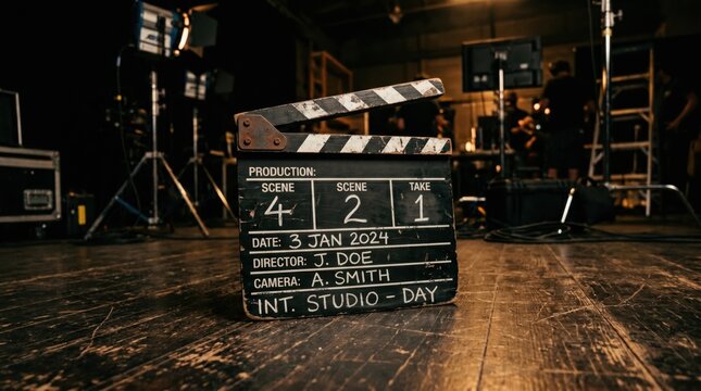 Classic film clapperboard slate prominently displayed on a rustic wooden studio set floor, surrounded by blurred professional lighting gear, signifying the commencement of a motion picture