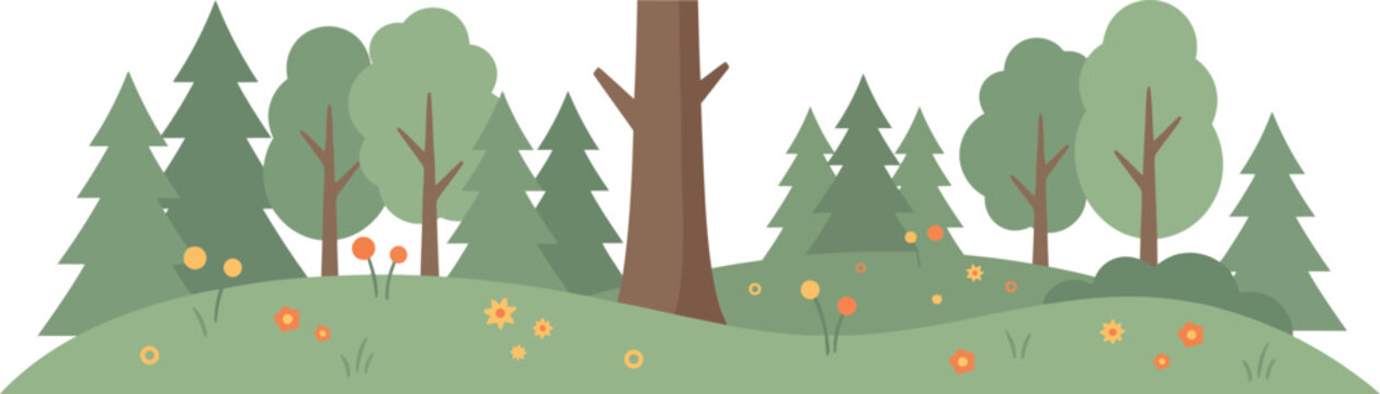 flat vector forest landscape illustration with green trees tree trunk and flowers isolated on white background clipart graphic element