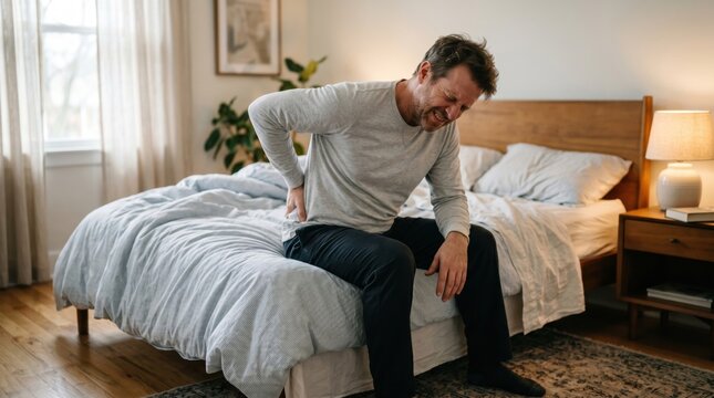 Middle-aged man suffering from severe lower back pain sitting on the edge of the bed in the morning, grimacing in agony from spine injury, muscle strain, bad mattress, lumbar ache, or spasm.
