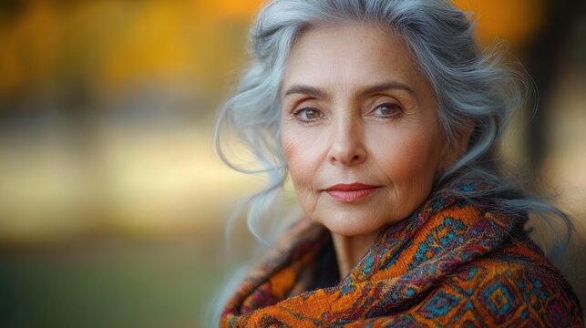 older woman with silver hair wearing a colorful orange patterned shawl in a warm autumn outdoor portrait with blurred face and a calm, contemplative mood