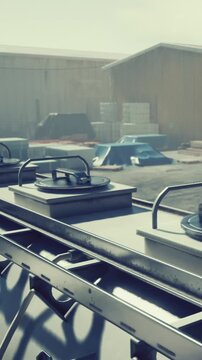 Workers are at a cooking station with large cooking pots. The setting is outdoors near a warehouse during the day. Tools and equipment are arranged for food preparation.