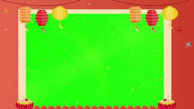Lanterns decorate a rectangular green screen frame set against a festive red background.
