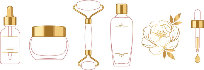Luxury Skincare Cosmetic Vector Packaging Mockup Set with Jade Roller Dropper Bottle Cream Jar and Gold Peony Line Art for Beauty Brand Identity Designs © EdGe Creative