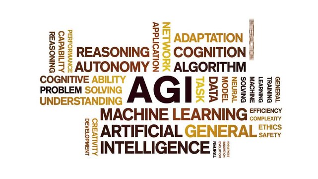 AGI Artificial General Intelligence animated word cloud-gross domestic product animation tag kinetic typography seamless loop.