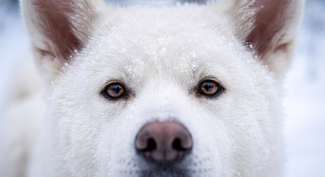 Extreme close-up portrait of a white dog with snow on its fur in winter