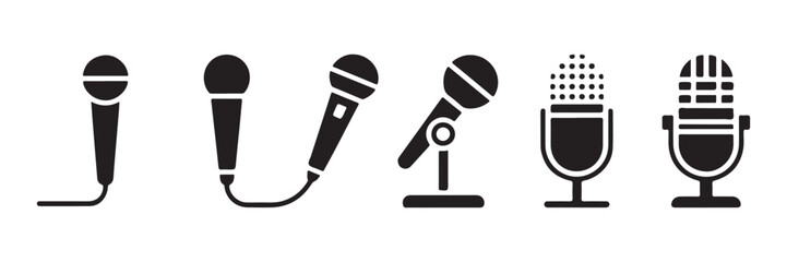 Set of six black microphone icons with various designs including handheld and stand microphones. © Md