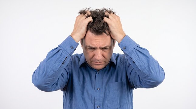 A middle-aged man in a blue shirt clutches his hair with both hands, looking down with a distressed and frustrated expression against a plain white background.