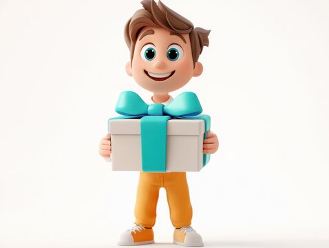 3d cartoon child with pixelated face holding white gift box wrapped with teal ribbon and bow, wearing orange pants and sneakers, cheerful pose on white background