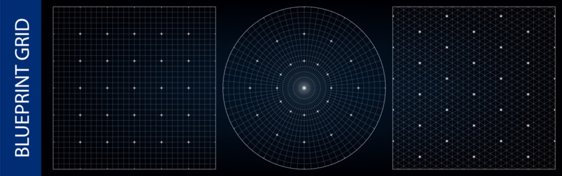 Blueprint vector texture, black line pattern for architectural drawing. Grid background, circles and isometric graph on paper, millimeter scale drawing. Floor plan template, square sheet of tech gauge
