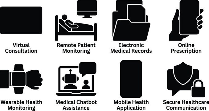Digital Healthcare and Telemedicine Icon Set with Remote Monitoring Electronic Records and Mobile Health