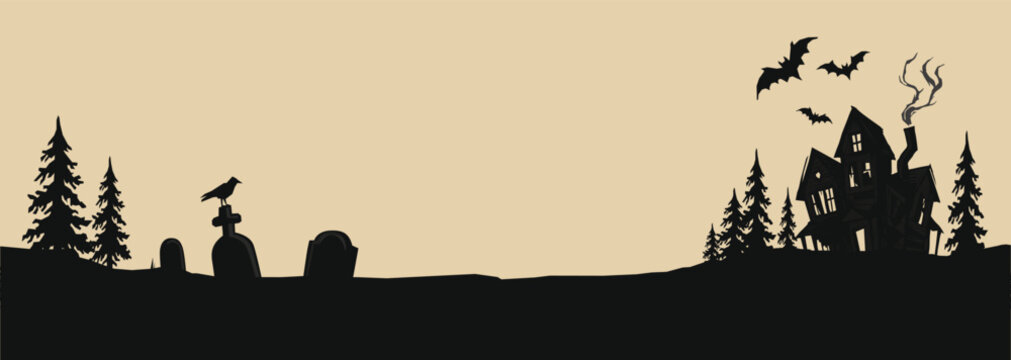 Minimalist silhouetted haunted mansion at graveyard landscape with beige background for Halloween ad campaign banner have blank space.
