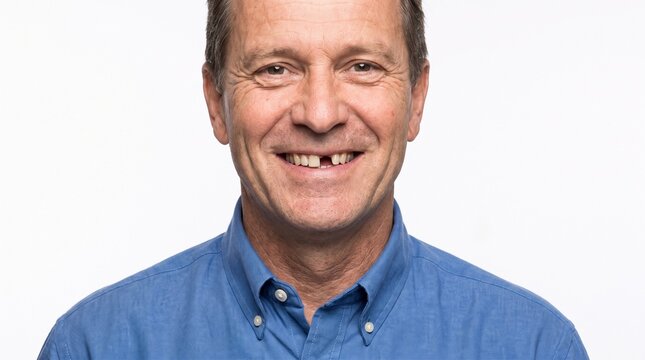 A smiling middle-aged man with a missing front tooth wearing a blue shirt against a white background.