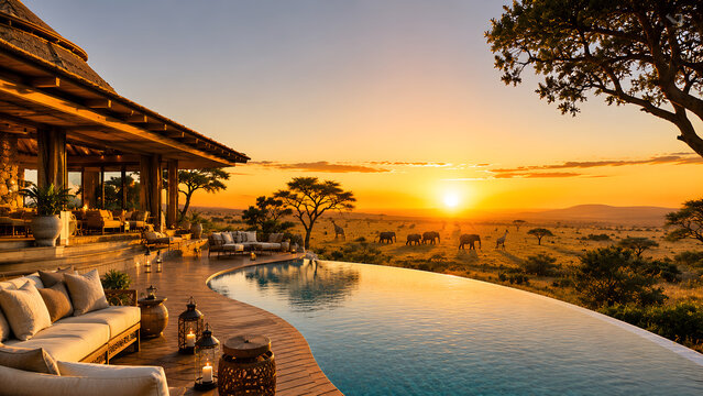 Luxury Safari Lodge with Infinity Pool Overlooking African Savanna at Golden Sunset