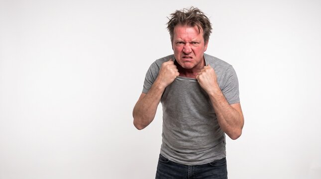 An angry man with messy hair clenches his fists and makes an aggressive face, ready for a confrontation on a white background.