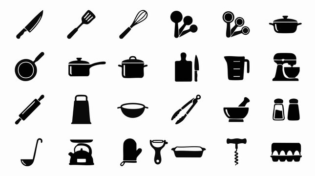Black silhouette icons of various kitchen utensils and cooking equipment