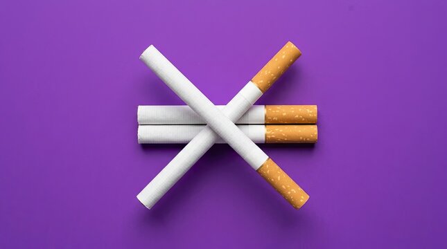 Cigarettes crossed over purple background symbolizing no smoking