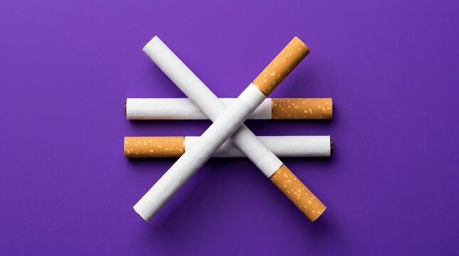 Four cigarettes crossed on purple background for anti smoking concept