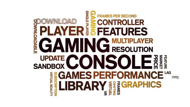 Gaming Console animated word cloud-gross domestic product animation tag kinetic typography seamless loop.
