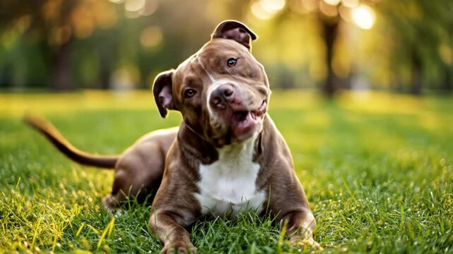 Happy brown and white pitbull dog lying in the grass in a park on a sunny day with a blurred background