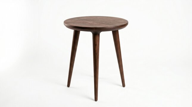 Modern Walnut Wood Round Side Table with Three Tapered Legs Isolated on White Background Minimalist Scandinavian Style Wooden Tripod Stool for Home Decor and Elegant Living Room Design.