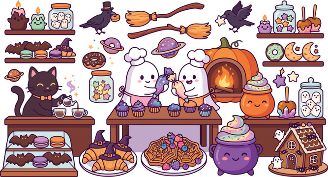Cute cartoon halloween illustration featuring ghosts baking in a spooky kitchen with a black cat potions and festive holiday treats