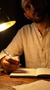 A Thoughtful Moment of Reflection: A Man Writing in a Notebook Under the Warm Glow of a Desk Lamp, Embracing Creativity and Inspiration