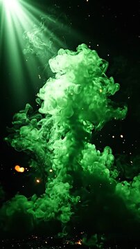 A Dynamic Showcase of Ethereal Green Smoke Rising Through a Dark Background Illuminated by Radiant Light, Capturing the Essence of Movement and Transformation