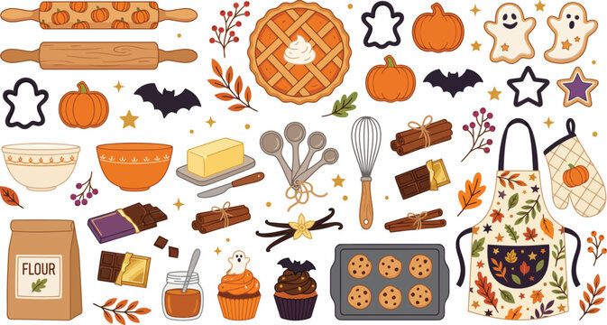 A festive collection of hand drawn autumn baking elements including pumpkins ghosts bats cookies kitchen utensils and ingredients for seasonal holiday cooking
