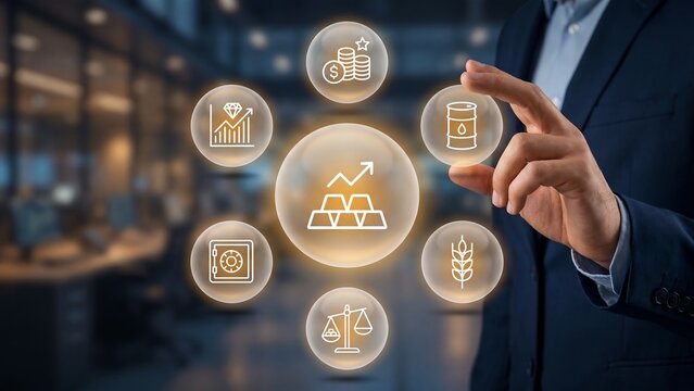 Businessman touching commodities investment holographic icon concept