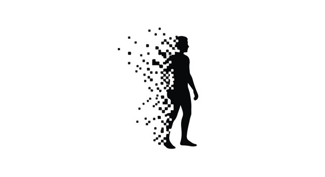 Silhouette of a person dissolving into digital particles against a white background, symbolizing transformation or data loss.