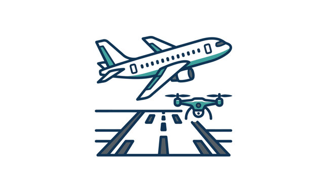 Teal airplane taking off with drone interference icon