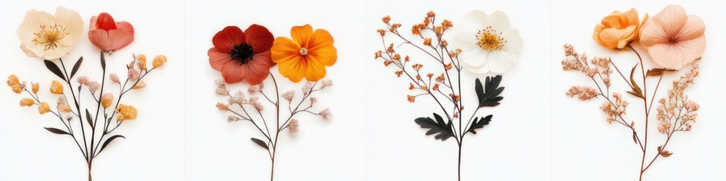 Four minimalist pressed floral compositions with delicate peach, orange, red and white blossoms, tiny filler buds and dark leaves on a clean white background, serene and elegant