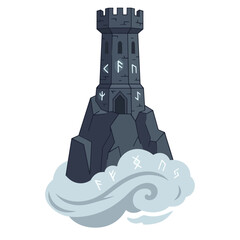 Obraz premium Mystic Stone Wizard Tower with Glowing Runes on Floating Cloud Vector Illustration
