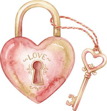 Pink watercolor heart love padlock key twine, romantic wedding theme. Suitable for wedding invitations, greeting cards, and romantic designs.