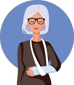 Elderly Woman With Her Broken Arm Wrapped In Plaster Cast. Injured senior female sitting patiently with fractured arm protected by medical cast 
