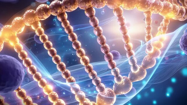 Close-up digital illustration of a glowing DNA double helix with surrounding cells