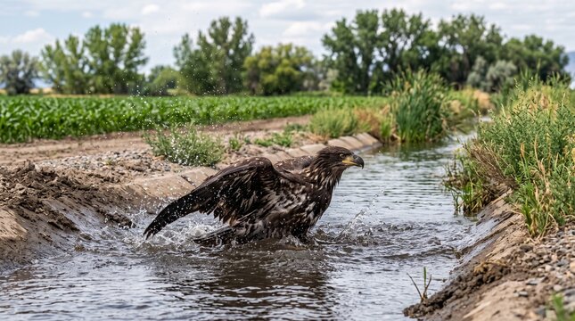 Juvenile bald eagle splashing in a rural irrigation canal