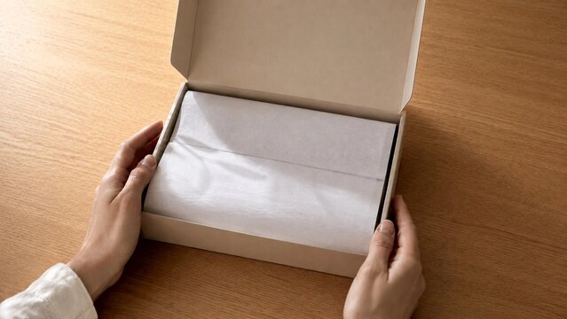 Product unboxing, elegant recyclable packaging opening on a natural oak table, tissue paper, minimalist composition