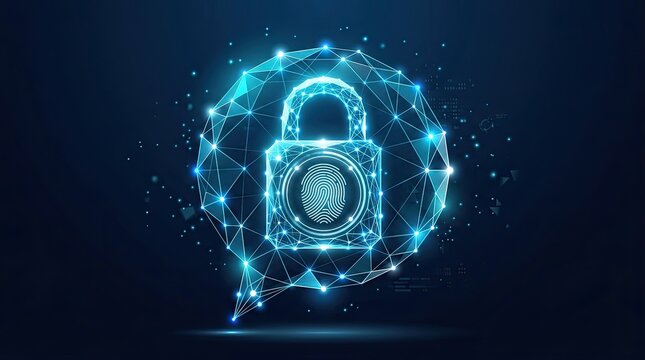 Glowing padlock with fingerprint and speech bubble in cyber security concept
