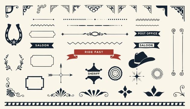 Old Western Design Elements Icon Set Embellishment Borders Divider Lines Scroll Ornate Flourish Wanted Poster Frame Banner Ribbon Rope Border Sheriff Star Barbed Wire Vector