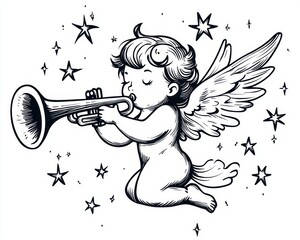 Obraz premium winged baby angel with curly hair playing a trumpet while floating among stars, serene and peaceful expression, black and white line illustration