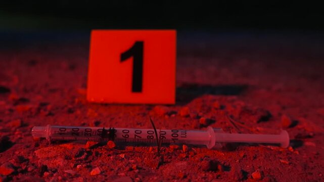 Used syringe lies on muddy ground next to a crime scene evidence marker, number one, illuminated by the alternating red and blue flashing lights of a police vehicle at night