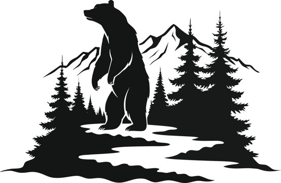 Black bear standing silhouette in a mountain forest landscape illustration