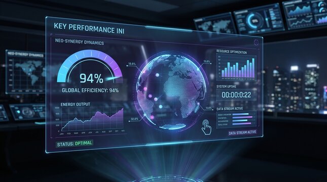 Futuristic digital dashboard with global data analytics interface