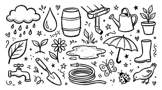 Collection of hand-drawn garden and rain-related doodles, including a cloud, watering can, plants, and gardening tools, on a white background